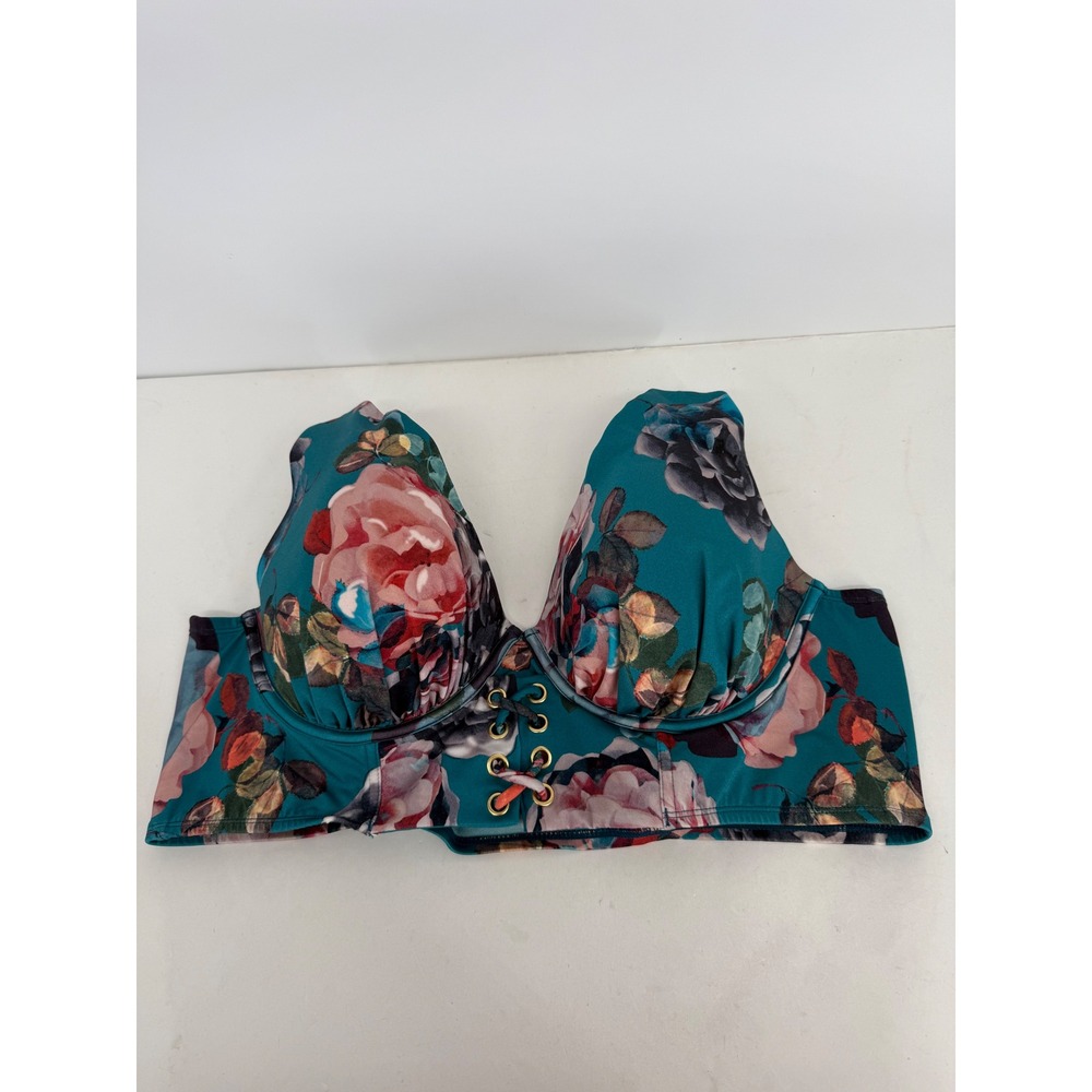 Swim by Cacique Floral Bikini Top Teal Lace Up Front Longline Swim Top Sz‎ 46C